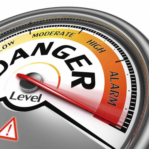 danger level conceptual meter indicate hundred per cent, isolated on white background