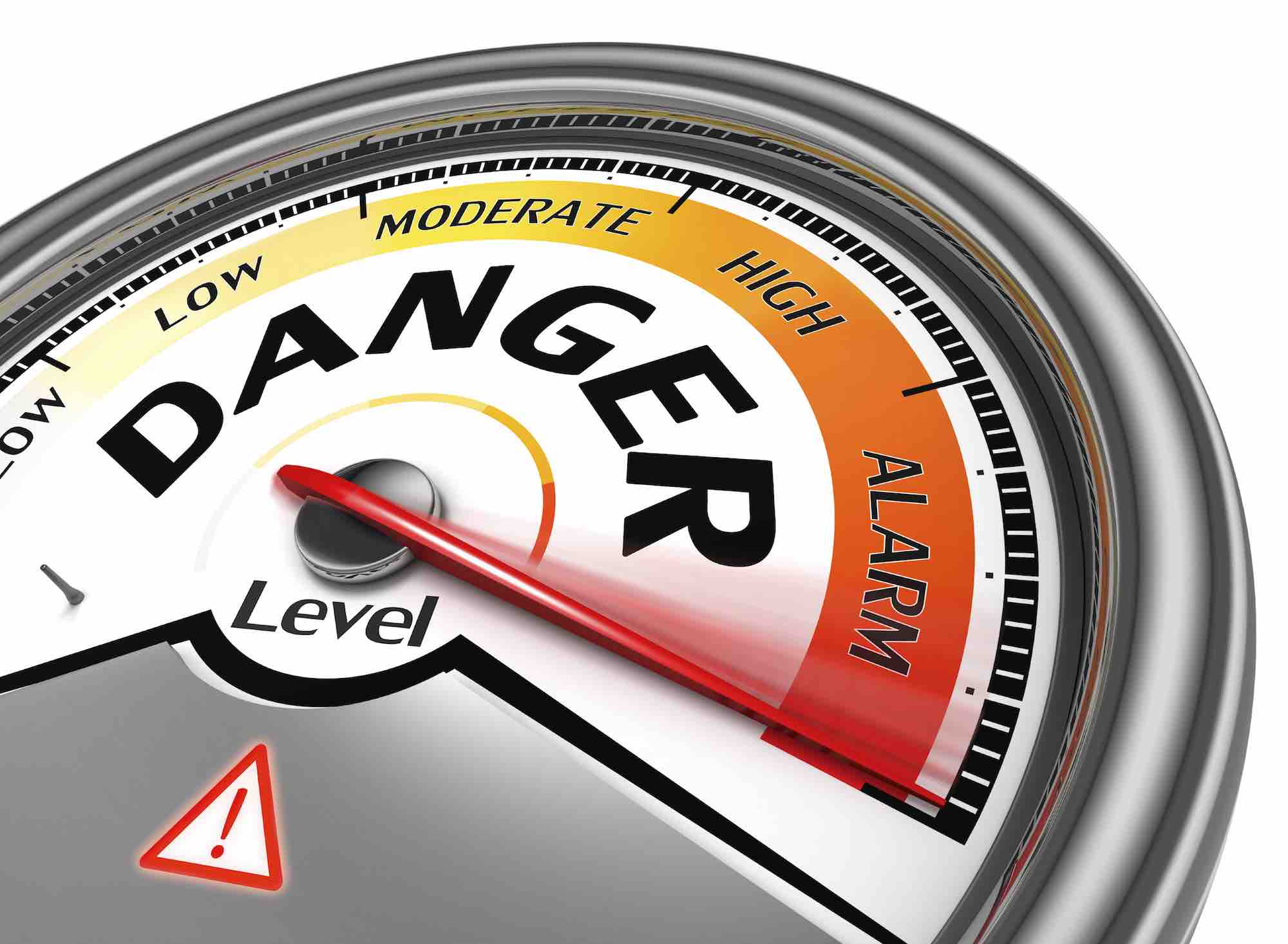 danger level conceptual meter indicate hundred per cent, isolated on white background